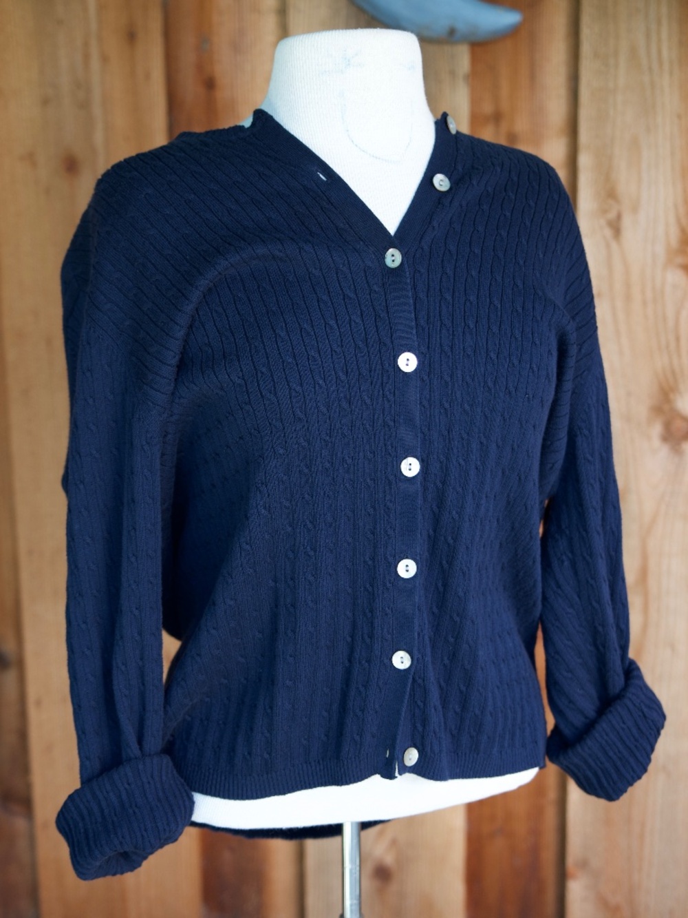 Vintage Karen Scott 100% Cotton Blue Cable Knit Cardigan Made In UK Woman's XL